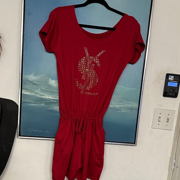 Red Short Sleeve Drawstring Romper with Rhinestone Logo - Picture 2 of 4